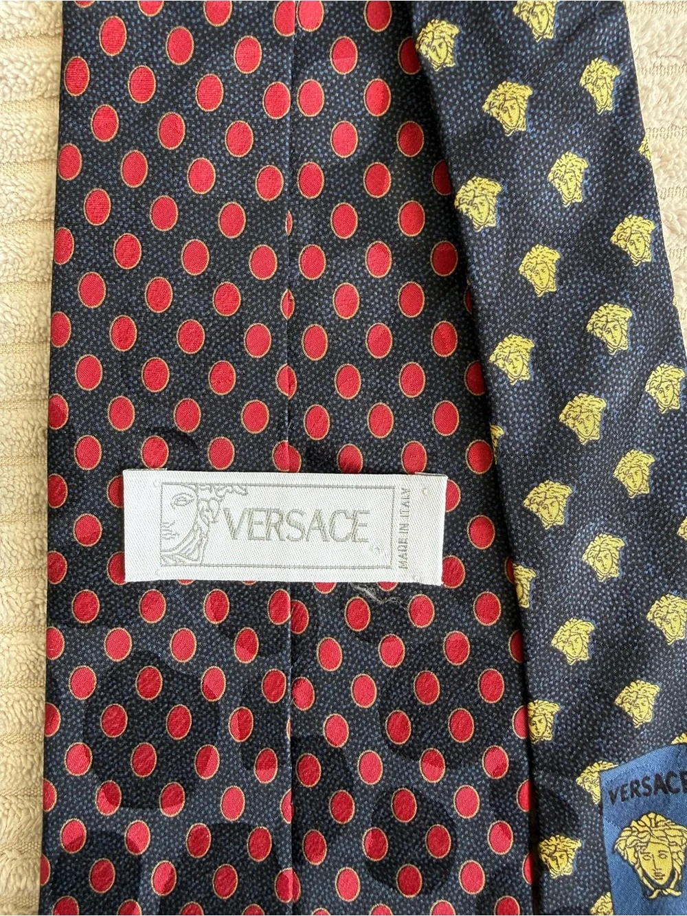 Versace Black Silk Tie with Red Polka Dots and Gold Medusa